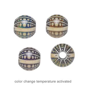 Bead, acrylic, cream and multicolored, 12mm color-changing round with dots and stripes. Sold per pkg of 4.