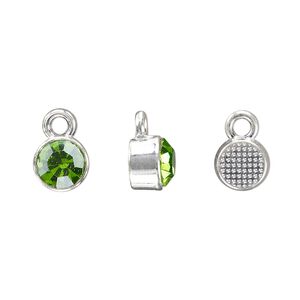 Drop, silver-finished "pewter" (zinc-based alloy) and glass rhinestone, peridot green, 8mm faceted round, August birthstone. Sold per pkg of 4.