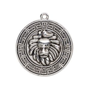 Focal, antique silver-finished "pewter" (zinc-based alloy), 30mm single-sided round with lion and geometric design. Sold per pkg of 2.