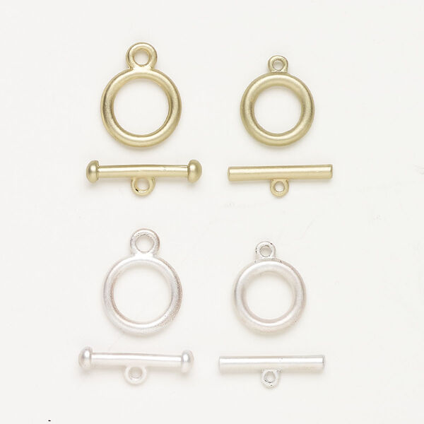 Brass 1pkg4, round toggle clasp assortment matte gold-finished / silver-finished 14-15mm image number 0