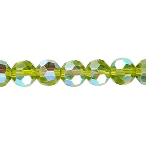 Bead 1pk 32 facets translucent peridot green AB, Celestial Crystal® 8mm round 15.5-16 inch