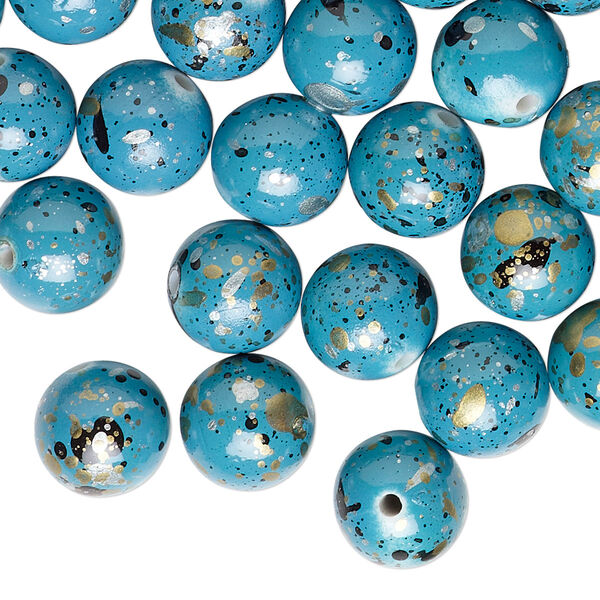 Bead, acrylic, turquoise blue with gold/silver/black speckles, 10mm round. Sold per pkg of 170. image number 0