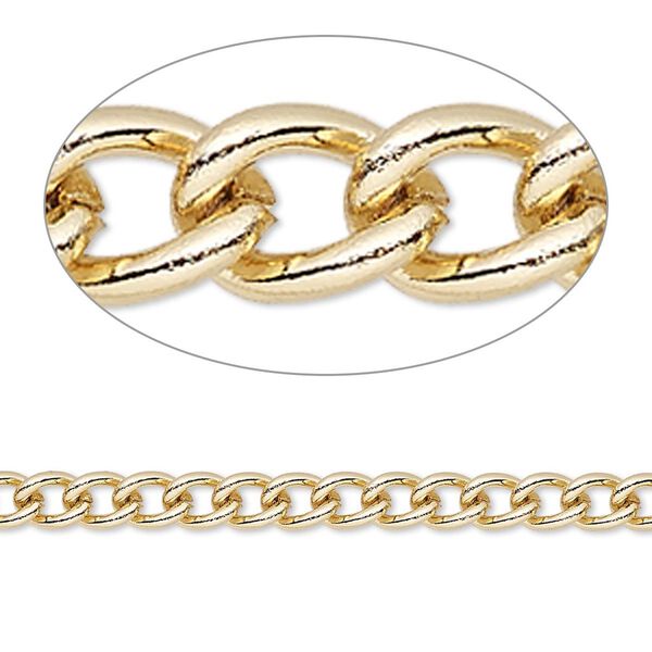 Chain, gold-finished steel, 4mm curb. Sold per pkg of 5 feet. image number 0