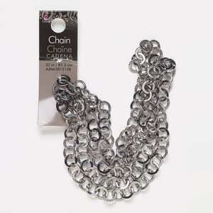 Chain, gunmetal-finished steel, 9mm textured round link, 32 inches with (4) 20-gauge 6mm jump rings and (2) 9.5x6mm lobster claw clasps. Sold individually.