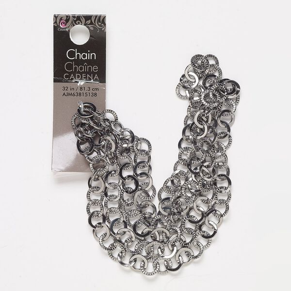 Chain, gunmetal-finished steel, 9mm textured round link, 32 inches with (4) 20-gauge 6mm jump rings and (2) 9.5x6mm lobster claw clasps. Sold individually. image number 0
