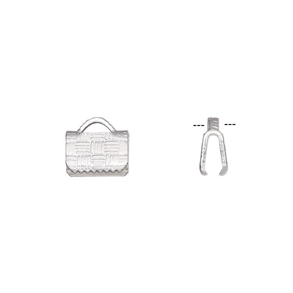 Ribbon crimp end, silver-plated brass, 8x5mm textured rectangle. Sold per pkg of 100. image number 0