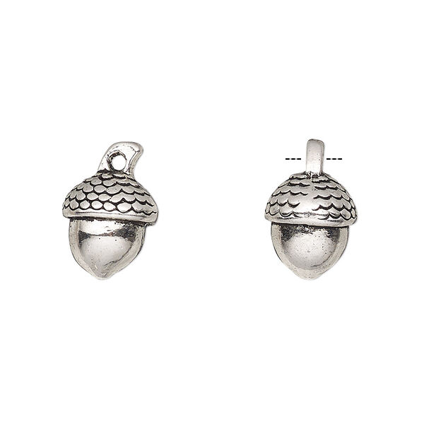 Charm, antique silver-finished "pewter" (zinc-based alloy), 11x10mm 3D acorn. Sold per pkg of 4. image number 0