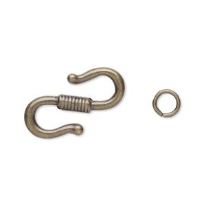 Clasp S-hook 1pkg12 "pewter" (zinc alloy), 23x14mm double-sided / 6mm 19 gauge open jump ring, antique gold-finished 1-strand