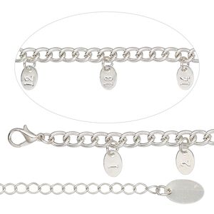 Bracelet measuring chain, silver-finished steel, 5.4mm curb, 14 inches with 9x6mm tags and 3-inch extender chain with lobster claw clasp. Sold individually.