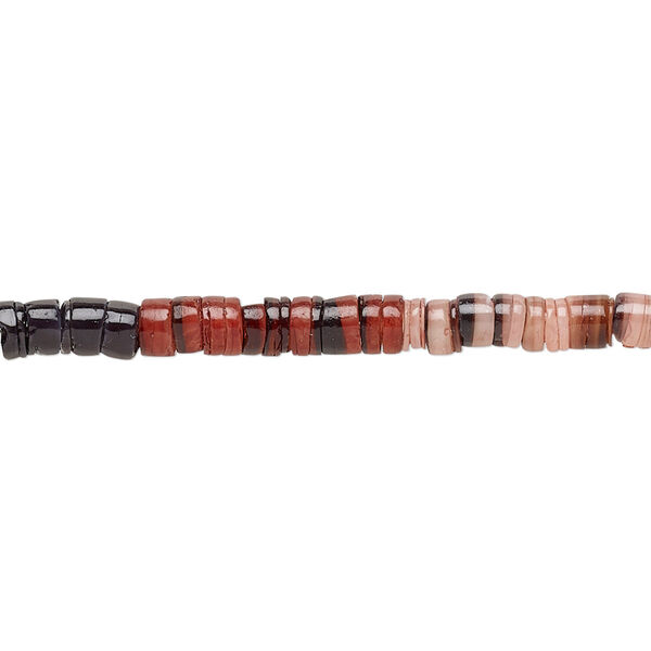 Bead, common hammer oyster shell (dyed), earth tone colors, 3x1mm-4x3mm hand-cut heishi, Mohs hardness 3-1/2. Sold per 24-inch strand. image number 0