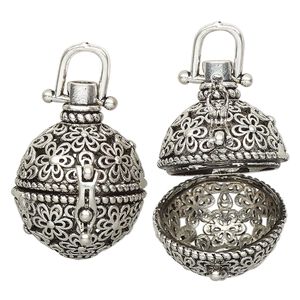 Drop, antique silver-finished brass, 28.5x21mm round bead cage with cutout flowers design and safety latch, fits up to 16mm bead. Sold individually.