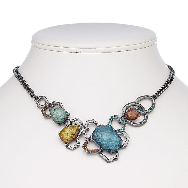 Necklace, glass rhinestone / resin / black-plated steel / "pewter" (zinc-based alloy), multicolored, 16 inches with 2-inch extender chain and lobster claw clasp. Sold individually. image number 0