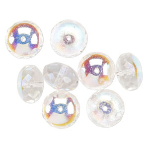 Bead, Czech fire-polished glass, clear AB, 17x12mm faceted rondelle. Sold per pkg of 8.