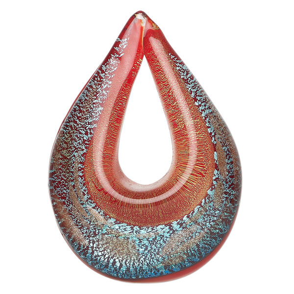 Focal, lampworked glass 1pkg1, opaque multicolored with copper-colored glitter and silver-colored foil, 54x39mm single-sided teardrop go-go. image number 0