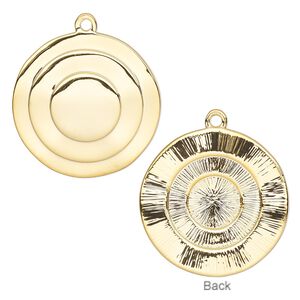 Drop, gold-plated brass, 25mm fancy round. Sold per pkg of 4.