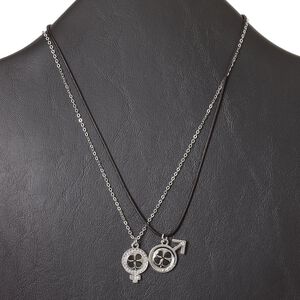 Necklace, rhodium-finished "pewter" (zinc-based alloy) / enamel / glass rhinestone / leather (dyed), black and clear, 20x15mm male symbol with clover and "LOVE" and 20x16mm female symbol with clover, 15" to 16" necklace with lobster claw clasp and 3-inch extender chain. Sold per 2-piece set.