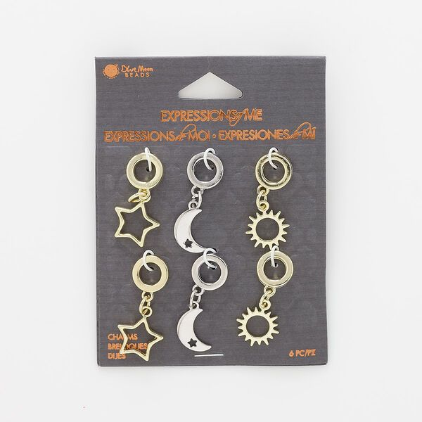 Focal mix, silver- / gold-finished "pewter" (zinc-based alloy) / steel, (2) 33x15mm open star / (2) 31x12mm moon with cutout star / (2) 32x14mm open sun with 6.5mm hole. Sold per pkg of 6. image number 0