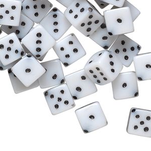 Bead, acrylic, opaque white and black, 7.5mm dice. Sold per pkg of 50.