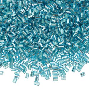 Bugle bead, glass, translucent silver-lined aqua blue, #1 round tube. Sold per 50-gram pkg, approximately 2,000 beads.