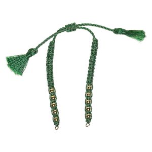 Bracelet component, nylon and gold-finished brass, green, 9-3/4 inches with adjustable macramé closure, 5mm wide with open loops. Sold individually.