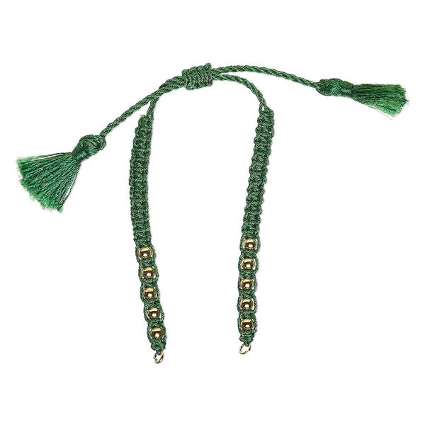 Bracelet component, nylon and gold-finished brass, green, 9-3/4 inches with adjustable macramé closure, 5mm wide with open loops. Sold individually. image number 0