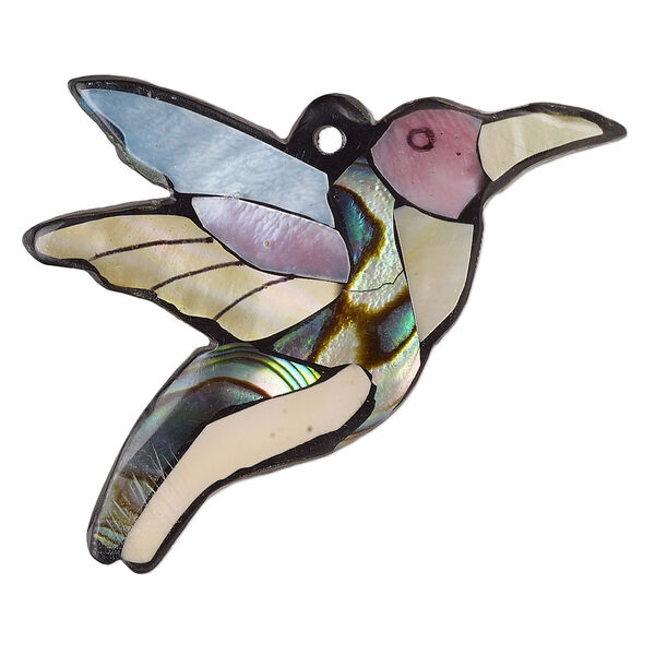 Focal, multi-shell (assembled) and resin, multicolored, 43x35mm-46x38mm single-sided flat hummingbird. Sold individually. image number 0