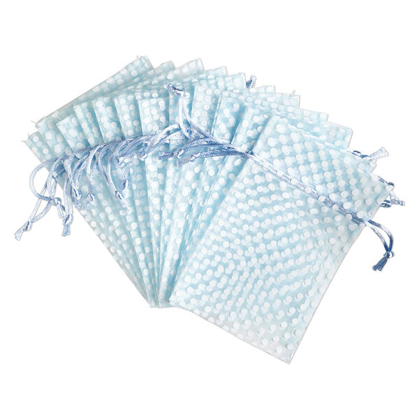 Pouch, organza, light blue and white, 6x4 inches with dots pattern and drawstring closure. Sold per pkg of 12. image number 0