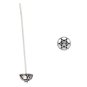 Head pin, antiqued sterling silver, 1-3/8 inches with 8x5mm half-round beaded cap, 21 gauge. Sold per pkg of 2.