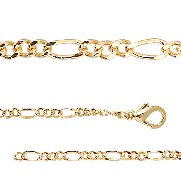 Chain, gold-finished brass, 2.7mm Figaro, 18 inches with 1-inch extender chain and lobster claw clasp. Sold per pkg of 2. image number 0