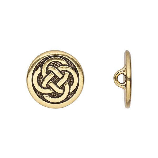 Button, TierraCast®, antique gold-plated pewter (tin-based alloy), 16mm flat round with Celtic knot and closed loop. Sold per pkg of 2. image number 0