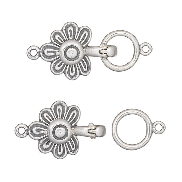 Clasp, JBB Findings, magnetic fold-over, antiqued sterling silver, 23x14mm flower. Sold individually. image number 0