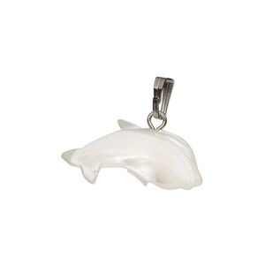 Pendant, mother-of-pearl shell (bleached) / antique silver-finished "pewter" (zinc-based alloy) / steel, 23x12mm-30x16mm single-sided carved dolphin. Sold individually.