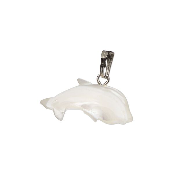 Pendant, mother-of-pearl shell (bleached) / antique silver-finished "pewter" (zinc-based alloy) / steel, 23x12mm-30x16mm single-sided carved dolphin. Sold individually. image number 0