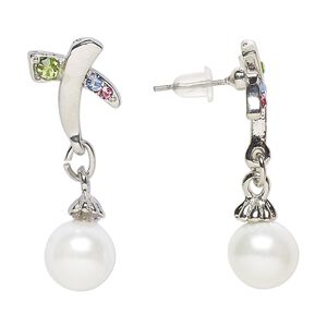 Earring, Everyday Jewelry, antique silver-finished "pewter" (zinc-based alloy) / glass / acrylic pearl, multicolored, 34mm with post. Sold per pair.