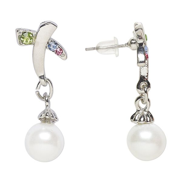 Earring, Everyday Jewelry, antique silver-finished "pewter" (zinc-based alloy) / glass / acrylic pearl, multicolored, 34mm with post. Sold per pair. image number 0