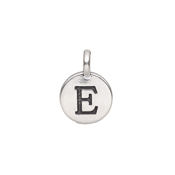 Drop, TierraCast®, antique silver-plated pewter (tin-based alloy), 11.5mm single-sided round with textured alphabet letter "E." Sold per pkg of 2. image number 0