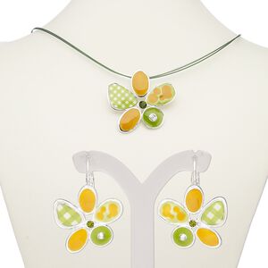 Necklace and earring set, enamel / glass rhinestone / silver-plated steel / "pewter" (zinc-based alloy), green / light green / golden yellow, 52x49mm flower, 18-inch necklace with 2-inch extender chain and lobster claw clasp, 32mm earrings with leverback ear wire. Sold per set.
