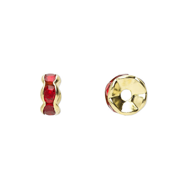 Bead, glass rhinestone and gold-finished brass, red, 8x4mm rondelle. Sold per pkg of 10. image number 0