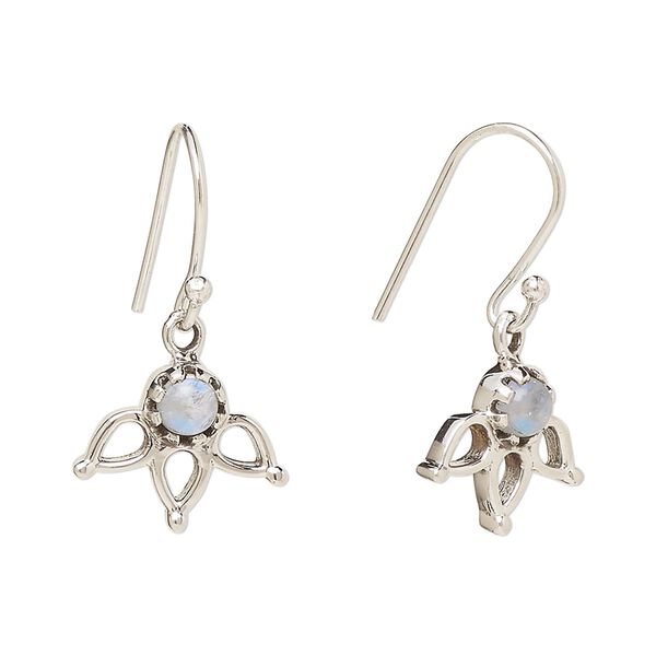 Earring, Create Compliments®, antiqued sterling silver and rainbow moonstone (natural), fishhook, 27mm with 14.5 x 12.5mm single-sided open 3-teardrop, 21 gauge. Sold per pair. image number 0