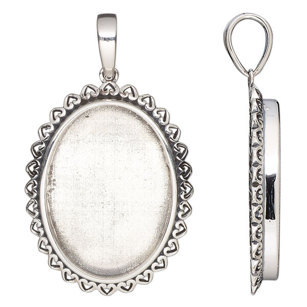 Pendant, antiqued sterling silver, 31.5x24.5mm oval with heart rim and 25x18mm oval bezel setting. Sold individually. image number 0