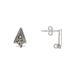 Earstud 1pkg2 sterling silver / marcasite (natural), 11.5x8mm arrowhead / hidden open loop / earnuts, antiqued 1 pair