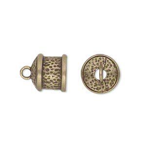 Cord end, glue-in, JBB Findings, antiqued brass, 11mm textured round tube, 9mm inside diameter. Sold per pkg of 2.