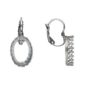 Ear wire leverback 1pkg2 JBB findings antique silver-plated, 25mm / 14x10mm oval open back bezel setting, brass 25mm 1 pair