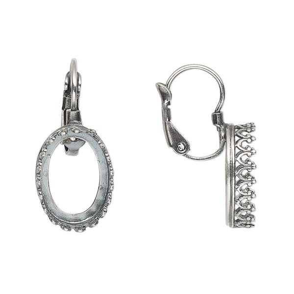 Ear wire leverback 1pkg2 JBB findings antique silver-plated, 25mm / 14x10mm oval open back bezel setting, brass 25mm 1 pair image number 0