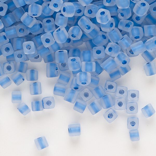 Seed bead, glass, pkg/50g, 3mm square, translucent color-lined dark blue terra crystal clear. image number 0