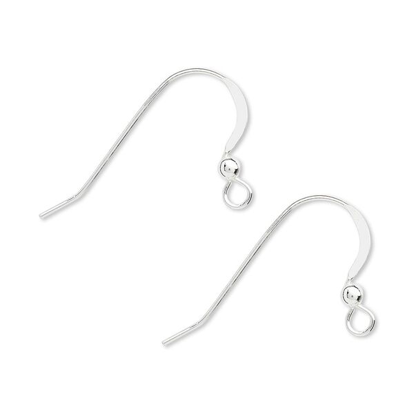 Ear wire, sterling silver, 16mm flat fishhook with 2.5mm ball and open loop, 22 gauge. Sold per pkg of 500 pairs. image number 0