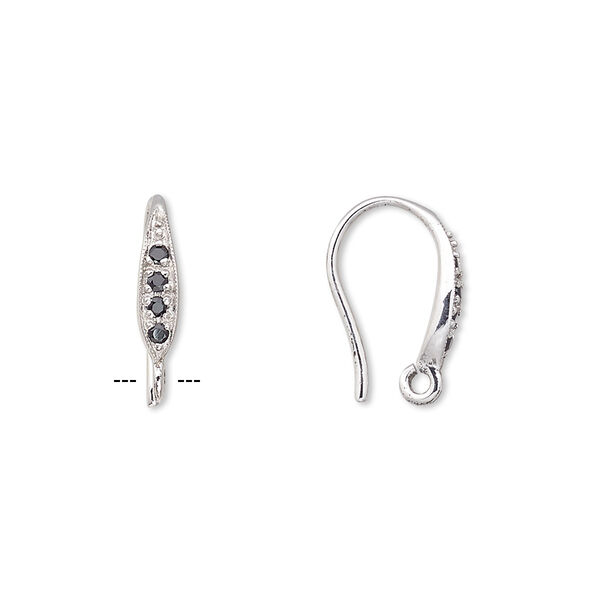 Ear wire, black spinel (natural) and sterling silver, 15mm fishhook with open loop, 18 gauge. Sold per pair. image number 0