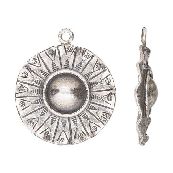 Drop, Hill Tribes, antiqued fine silver, 25mm single-sided wavy round with sun design. Sold individually. image number 0