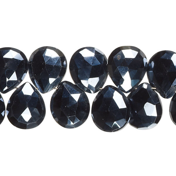 Bead, black spinel (coated), 11x10mm-12x10mm hand-cut top-drilled faceted puffed teardrop, B grade, Mohs hardness 8. Sold per 8-inch strand, approximately 40 beads. image number 0