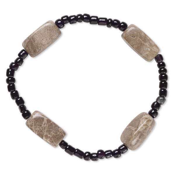 Bracelet, stretch, brown feldspar (natural) and acrylic, black, 3x2mm-5x4mm rondelle and 17x9mm-18x10mm square tube, 6 inches. Sold individually. image number 0
